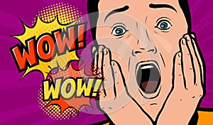Delighted man drawn in style pop art retro comic style. Cartoon vector illustration