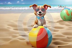 A delightful 3D cartoon dog character wearing sunglasses, enjoying a fun day at the beach while playing with plastic ball