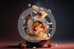 An illustration of Italian pasta mixed with various ingredients., AI, Generative