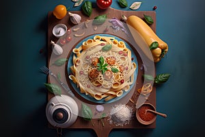 An illustration of Italian pasta mixed with various ingredients., AI, Generative