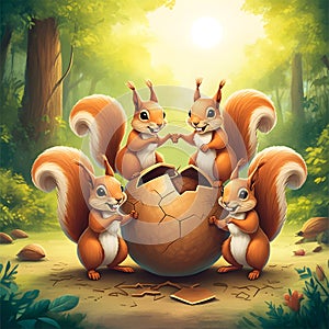 Adorable Squirrels Surrounding a Cracked Nut â AI-Generated Image