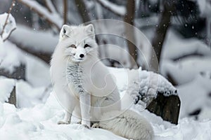 Delightful arctic fox, snow fox, white fox joyfully playing in the picturesque snowy scenery