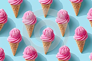 A Delightful Array of Strawberry Ice Cream Cones Under the Summer Sun. Generative AI