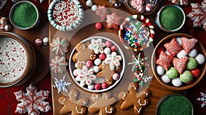 a delightful assortment of Christmas-themed sweets and treats, beautifully arranged on a wooden table, creating a festive holiday