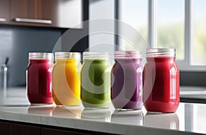 delightful assortment of freshly blended fruit and vegetable concoctions, beautifully presented in glass jars for a