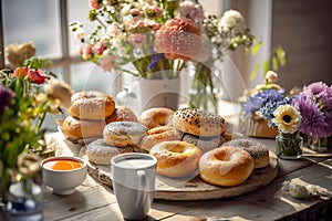 A delightful breakfast scene featuring an assortment of mouthwatering donuts, a steaming cup of coffee, fresh flowers, and the