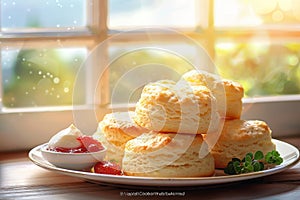Delightful breakfast scene freshly baked scones with clotted cream on rustic plate photo