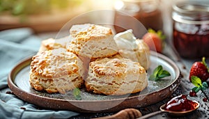 Delightful breakfast scene freshly baked scones with clotted cream on rustic plate photo