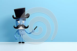 Delightful cartoon character with a top hat and mustache, set against a blue background with ample copyspace. Perfect fo