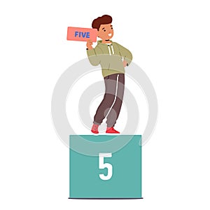 Delightful Child Joyfully Presents The Number Five, Representing Achievement In Math Learning, Vector Illustration
