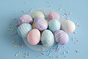 Pastel Easter Eggs Decorated with Sprinkles on Blue Background