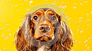 A delightful cocker spaniel enjoys a refreshing bath with soap bubbles