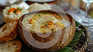 Delightful coconutinfused soup served in a carvedout banana leaf bowl complemented by a side of freshlybaked bread photo