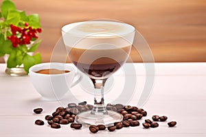 A delightful coffee-based beverage in a glass, showcased on a light coffee-colored surface, inviting you to savor the photo