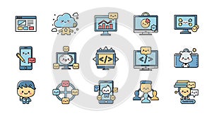 Cute Kawaii Technology and Business Icon Set