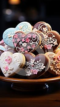 Delightful confections Heart shaped glazed cookies adorned with flower patterns on a wooden stand