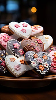 Delightful confections Heart shaped glazed cookies adorned with flower patterns on a wooden stand