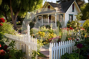 A delightful cottage with a white picket fence, a vibrant garden, and a cozy porch that welcomes you to sit and unwind.