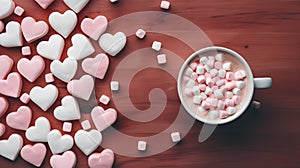 Delightful cozy drink with heart-shaped marshmallows on a wooden table during winter photo