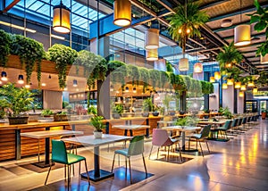 A Delightful Culinary Oasis Vibrant Food Court Interior Perfect for a Fresh Appealing Background photo