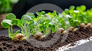 Delightful 3D Cartoon Animation Featuring a Close-Up of a Plant with Snails Crawling in Enriched Soil for a Playful Nature photo