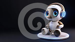 A delightful 3D-rendered robot character sits with a round head and cute blue eyes. It features glowing lights and a