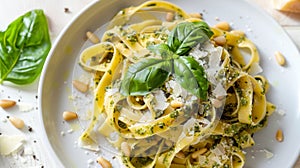 A delightful dish of fettuccine tossed in pesto sauce, sprinkled with Parmesan shavings and pine nuts, served with a