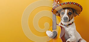 A delightful dog, adorned in a sombrero hat, strums a guitar against a vibrant yellow backdrop