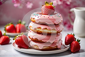 Delightful Duo A Towering Stack of Two Fluffy Strawberry Donuts Adorned with Exquisite Decor