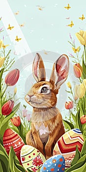 Easter Bunny Amidst Spring Tulips and Painted Eggs