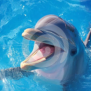 Delightful encounter dolphin smiles in a close up with engaging eyes