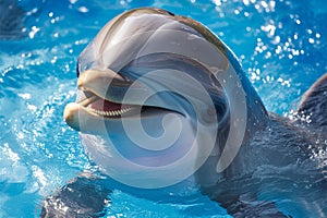 Delightful encounter dolphin smiles in a close up with engaging eyes