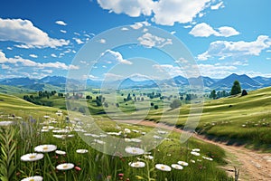 Delightful flat-style depiction, summer meadows, hilly landscape, blue sky, fluffy clouds