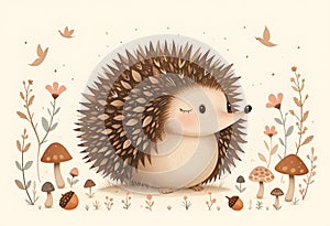 Whimsical Folk-Art Hedgehogs in a Charming Forest Scene photo