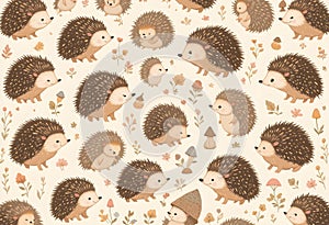Whimsical Folk-Art Hedgehogs in a Charming Forest Scene photo