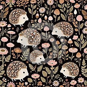 Whimsical Folk-Art Hedgehogs in a Charming Forest Scene photo