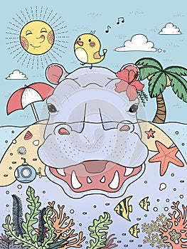 Delightful hippo adult coloring page