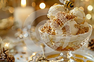 Delightful Honey Drizzled Vanilla Ice Cream Sundae with Nuts and Crispy Wafers in Elegant Glass Bowl on Festive Table Setting