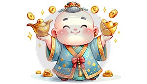 This delightful illustration captures a child dressed as the Chinese God of Wealth, cheerfully holding a golden teapot and ingot,