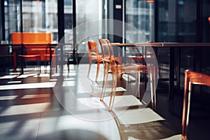 delightful image capturing the ambiance of a restaurant or coffee shop with well-arranged tables and chairs