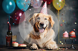 In this delightful image, a dog dons a party hat, creating a playful atmosphere as it extends a heartwarming birthday