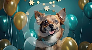 In this delightful image, a dog dons a party hat, creating a playful atmosphere as it extends a heartwarming birthday