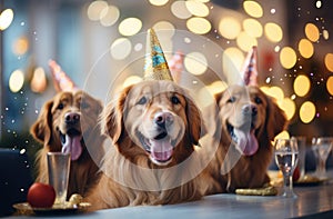 In this delightful image, a dog dons a party hat, creating a playful atmosphere as it extends a heartwarming birthday