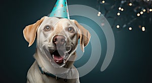 In this delightful image, a dog dons a party hat, creating a playful atmosphere as it extends a heartwarming birthday