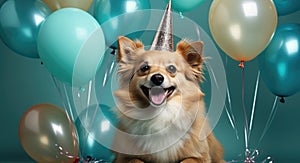 In this delightful image, a dog dons a party hat, creating a playful atmosphere as it extends a heartwarming birthday