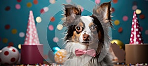 In this delightful image, a dog dons a party hat, creating a playful atmosphere as it extends a heartwarming birthday