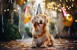 In this delightful image, a dog dons a party hat, creating a playful atmosphere as it extends a heartwarming birthday