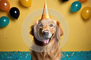 In this delightful image, a dog dons a party hat, creating a playful atmosphere as it extends a heartwarming birthday