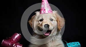 In this delightful image, a dog dons a party hat, creating a playful atmosphere as it extends a heartwarming birthday