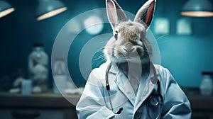 A delightful image of a rabbit wearing doctor outfits, ready to work, copy space.